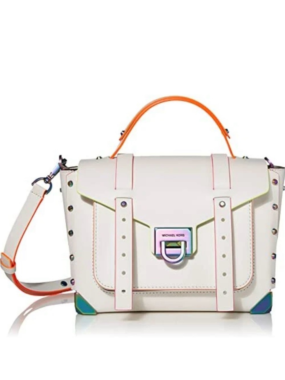 Michael Kors White Leather Satchel with Neon Orange Trim